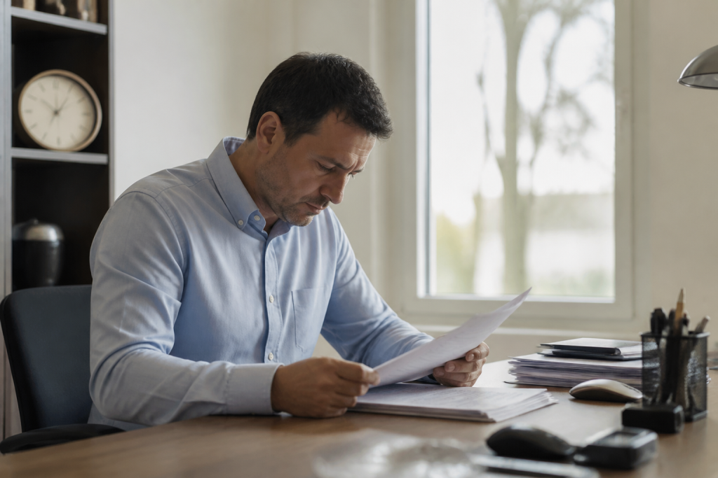 Employe consultant un contrat papier pres dune horloge