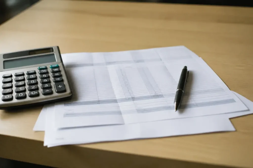 Bulletin de paie stylo et calculatrice sur un bureau