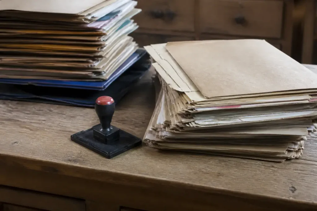 Bureau en bois avec dossiers et tampon encreur