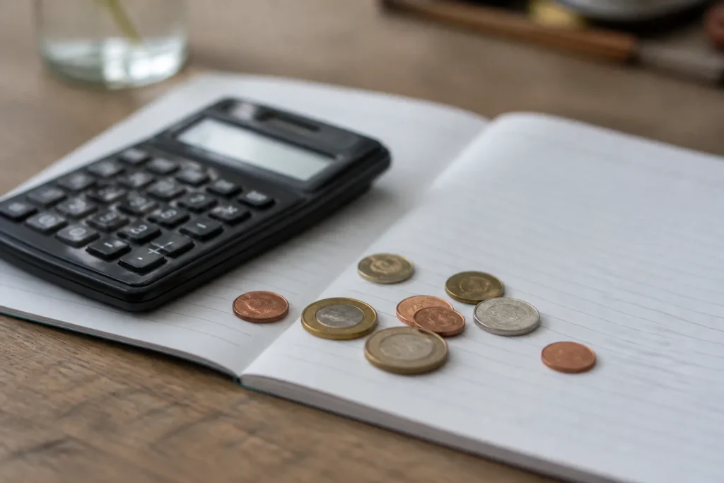 Calculatrice et pieces de monnaie sur carnet ouvert