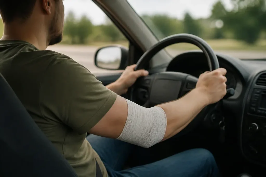 Conducteur tenant le volant avec un bandage au coude