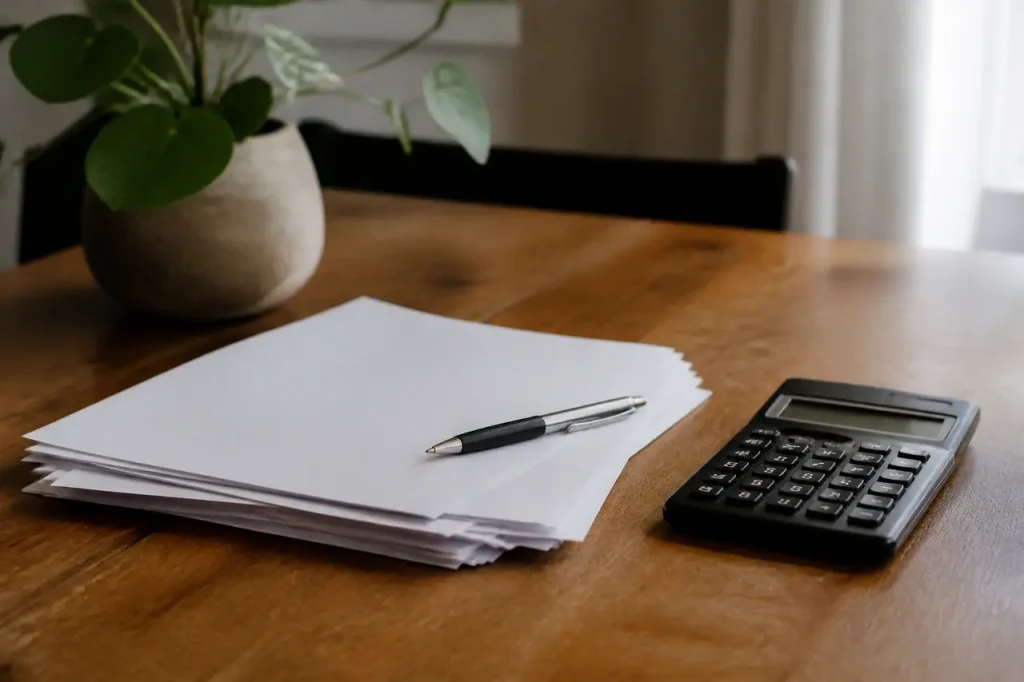 Contrat papier, calculatrice et stylo sur bureau