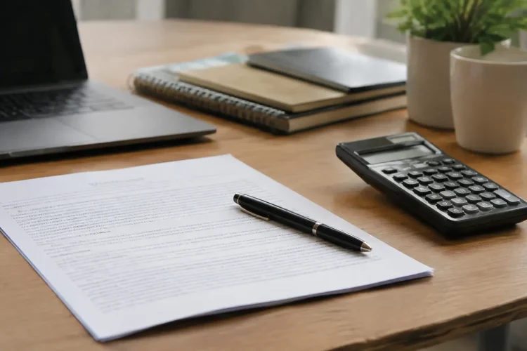 Contrat de travail et calculatrice poses sur un bureau