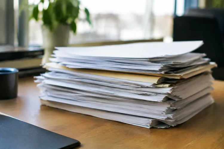 Contrats papier empiles sur un bureau
