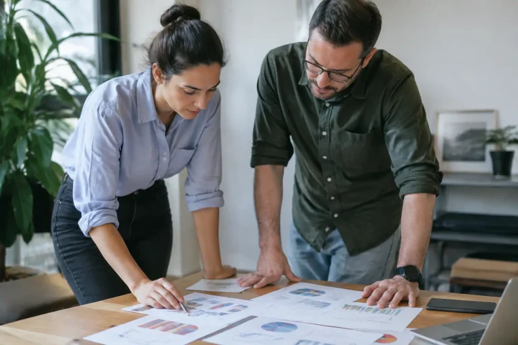 Deux collegues debout examinent des graphiques sur une table