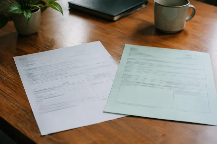 Deux documents administratifs posés sur un bureau en bois