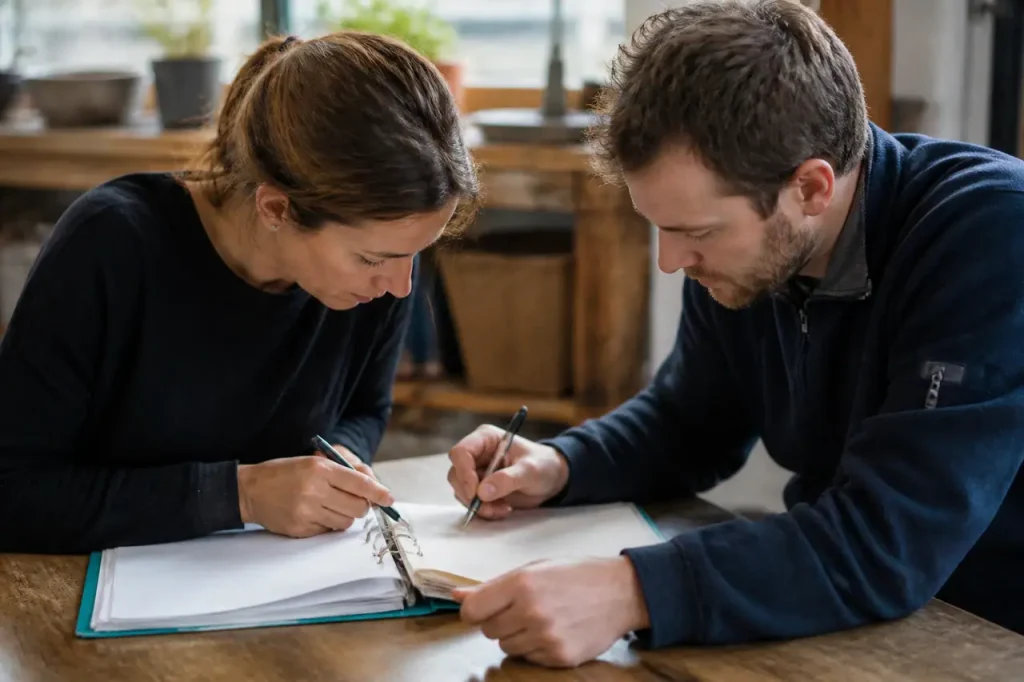 Deux personnes annotent un classeur avec des stylos
