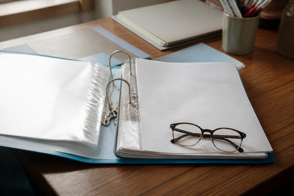 Dossier de certification ouvert sur un bureau avec lunettes