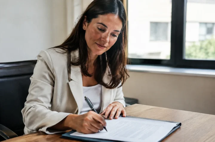 Une femme assise signe un contrat sur un bureau