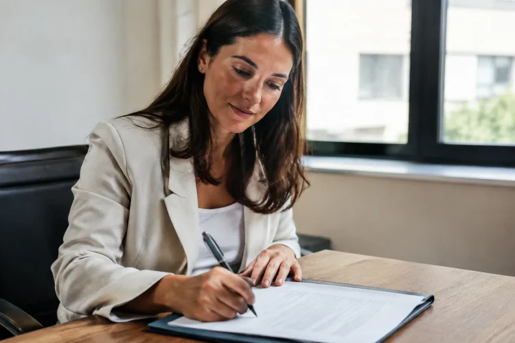 Une femme assise signe un contrat sur un bureau