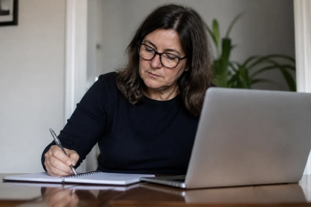 Femme mature prenant des notes devant un ordinateur portable
