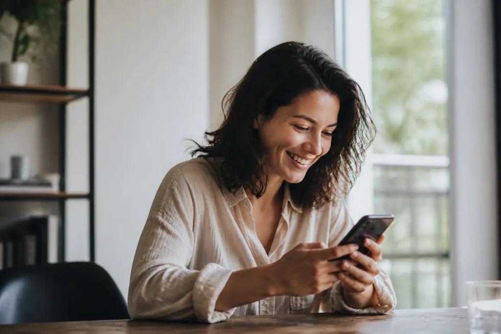 Femme souriante consulte smartphone sur bureau lumineux