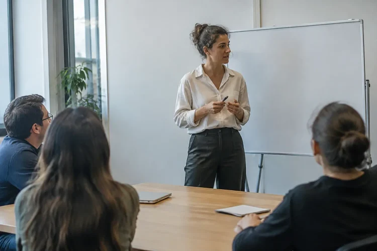 Formateur debout devant un tableau blanc, equipe assise