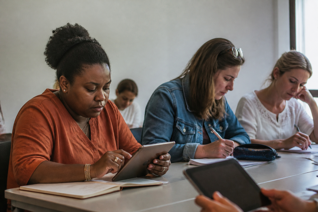 Groupe de stagiaires en salle, tablette et cahiers ouverts
