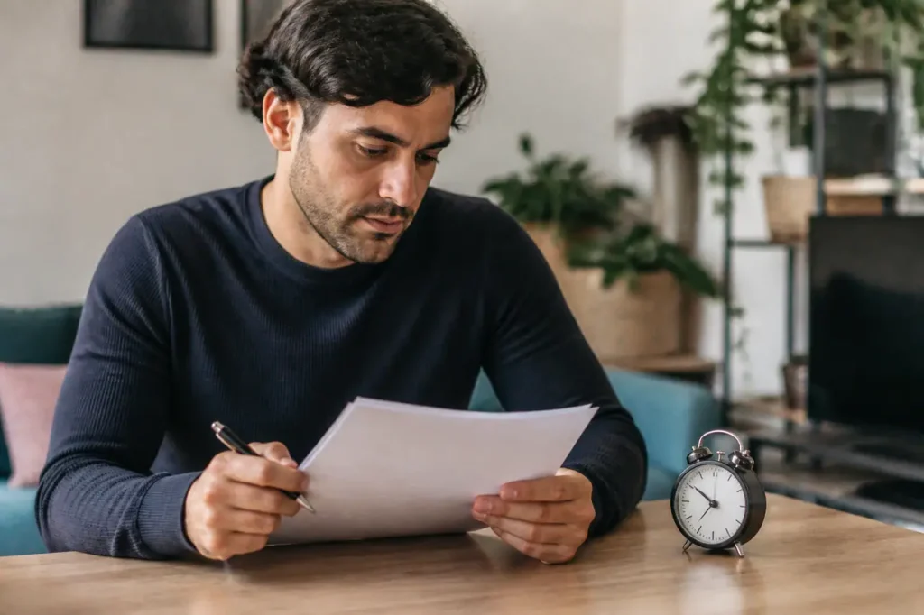 Homme assis lisant un contrat avec stylo et horloge
