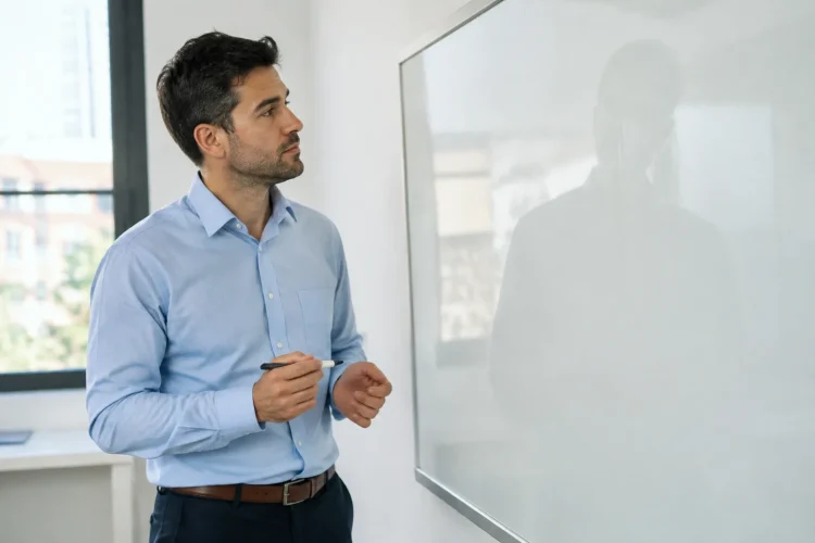 Homme en chemise debout devant un tableau blanc