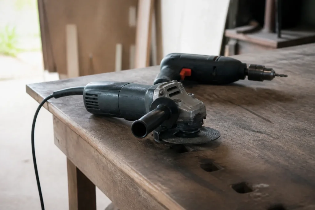 Meuleuse et perceuse posées sur un établi en bois
