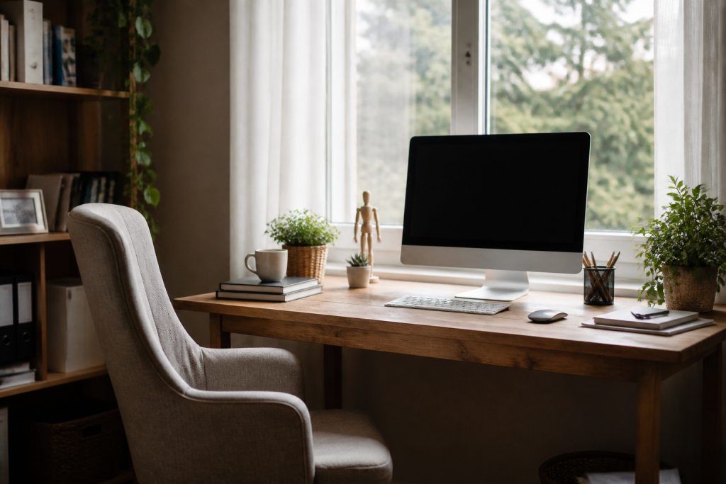 Ordinateur bureau chaise confortable pres fenetre lumineuse