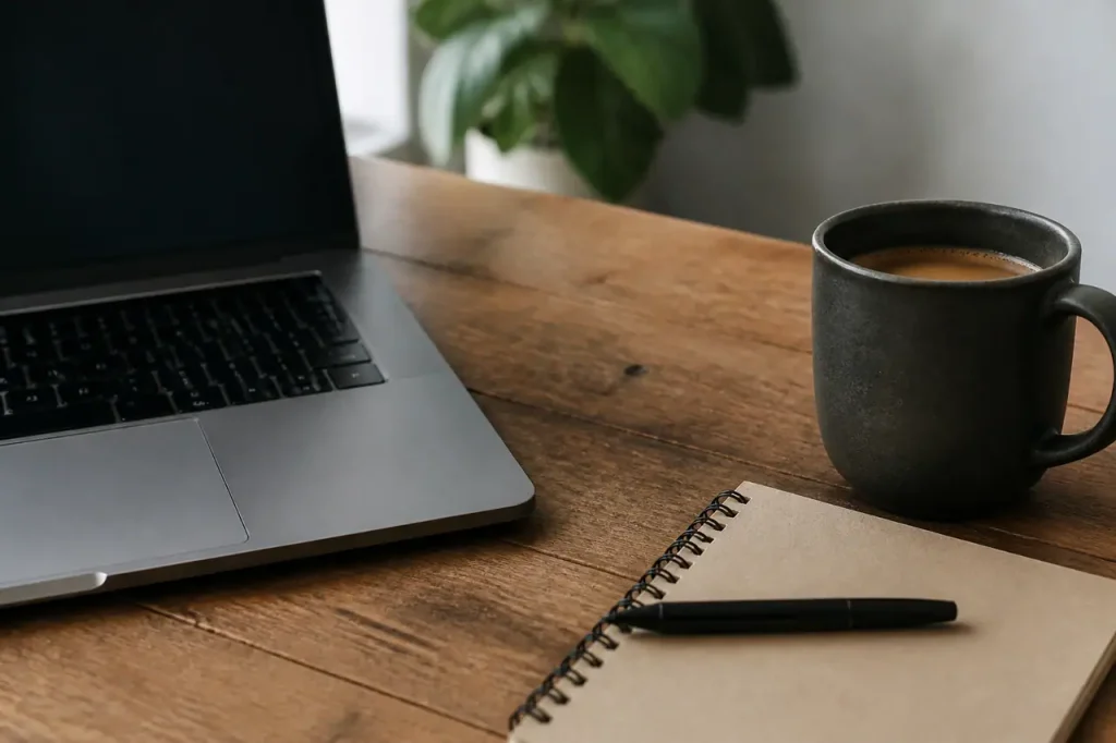 Ordinateur portable, carnet et tasse de cafe sur bureau