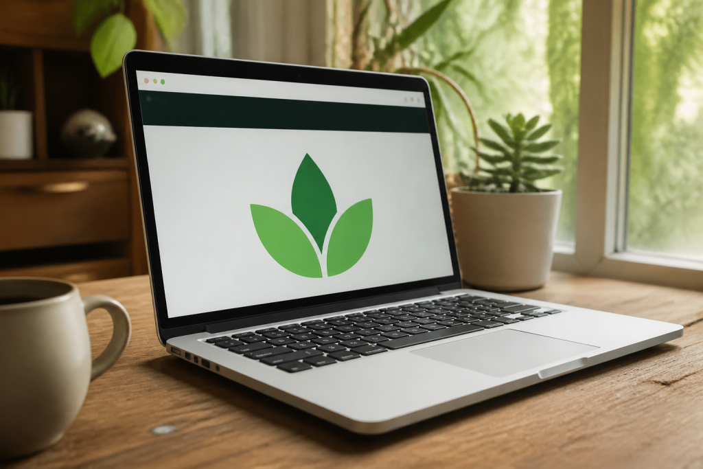 Ordinateur portable affichant un site web avec logo vert