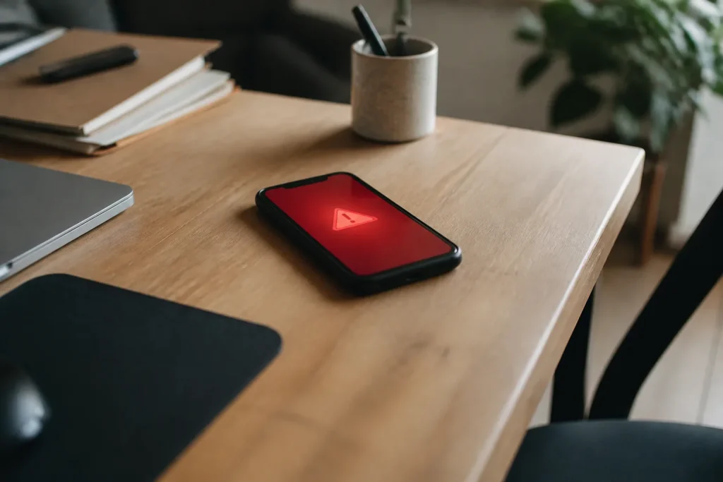 Smartphone pose sur un bureau affichant une alerte rouge