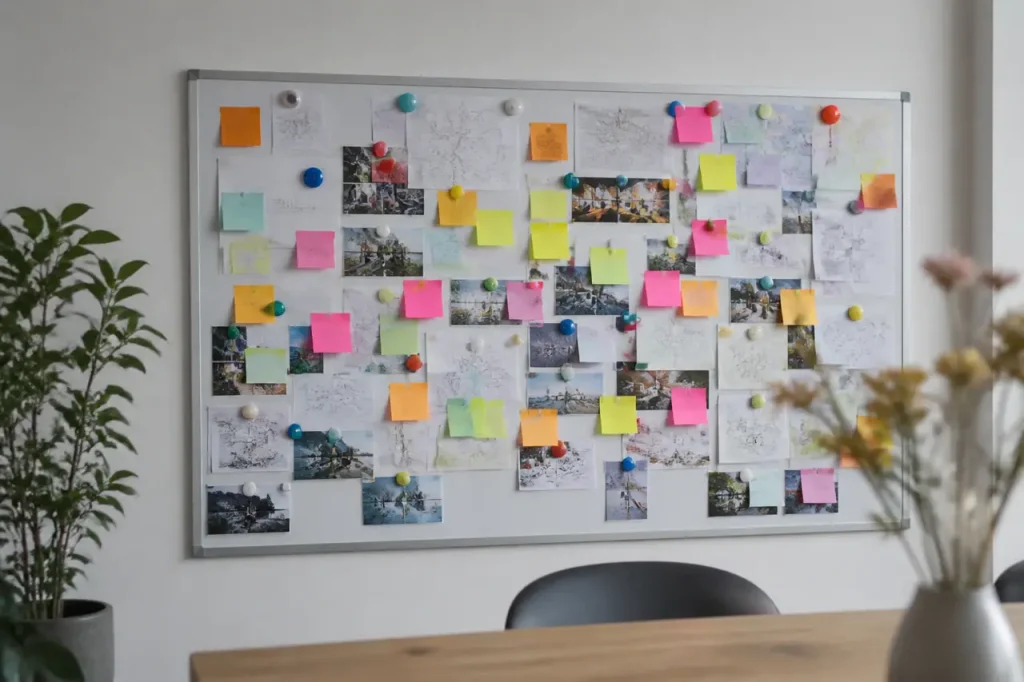 Tableau blanc couvert de notes et cartes colorees